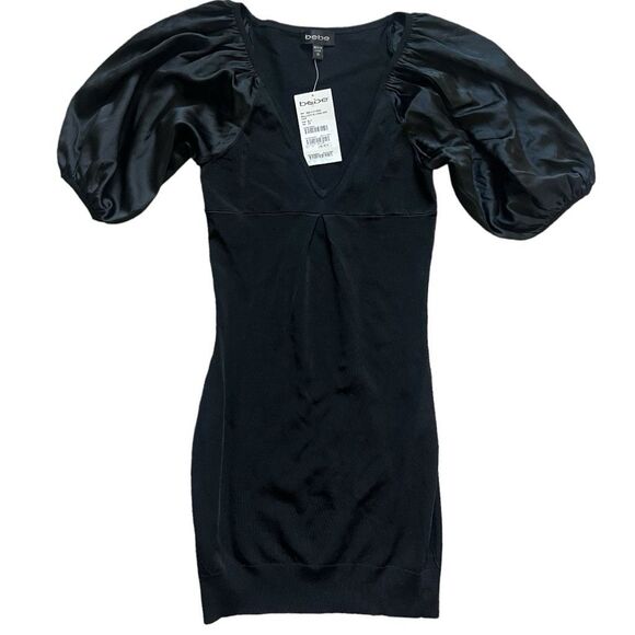 NWT Womene Bebe Black Stunning Balloon Sleeve Mini Dress - Sz XS - Picture 1 of 2